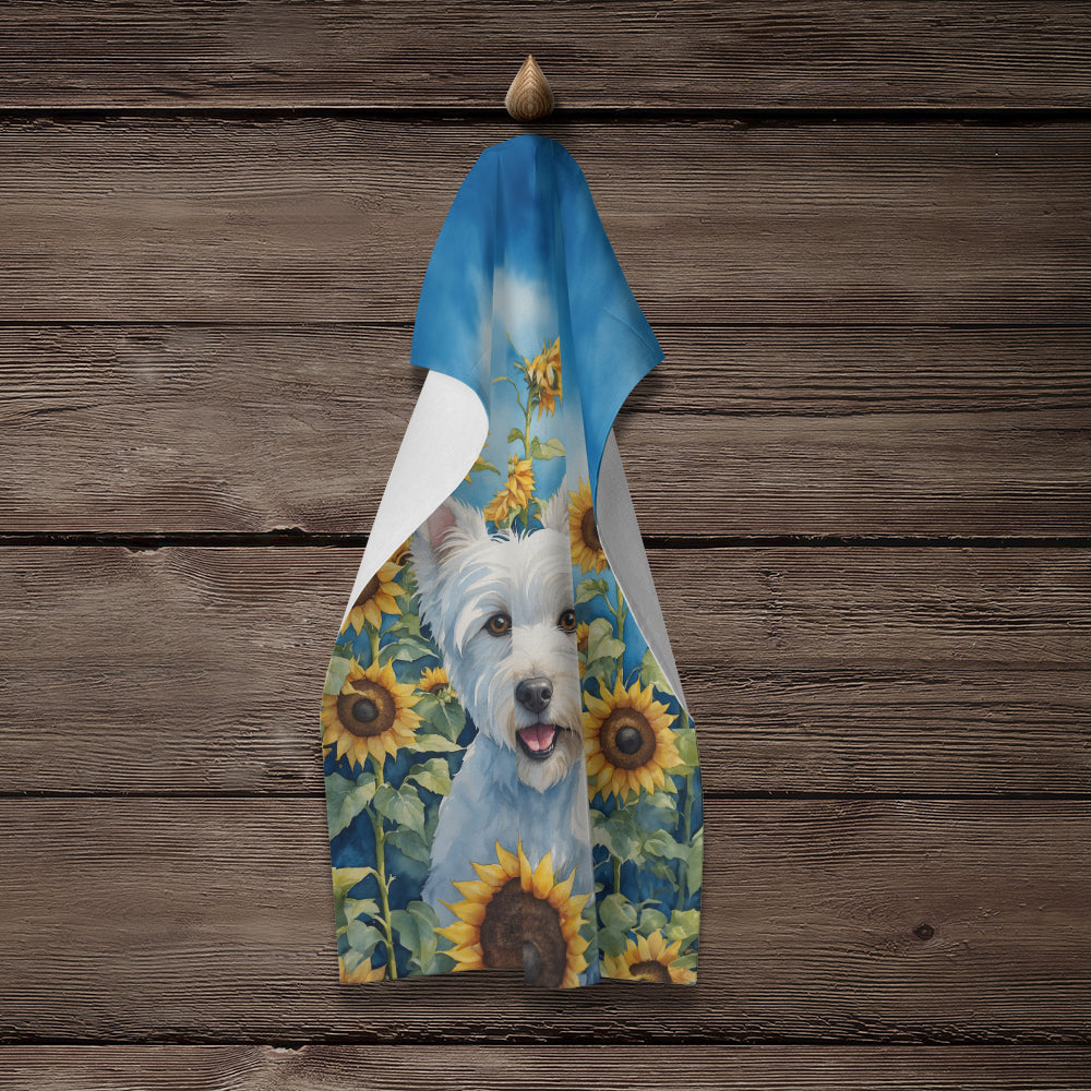 Westie in Sunflowers Kitchen Towel Velour Plush Front and Cotton Loop Back Machine Washable