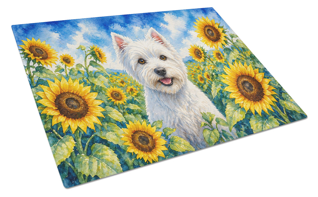 Westie in Sunflowers Cutting Board Tempered Glass Kitchen Cutting Surface, Heat Resistant Chopping Board with Non-Slip Feet, Decorative Food Prep & Serving