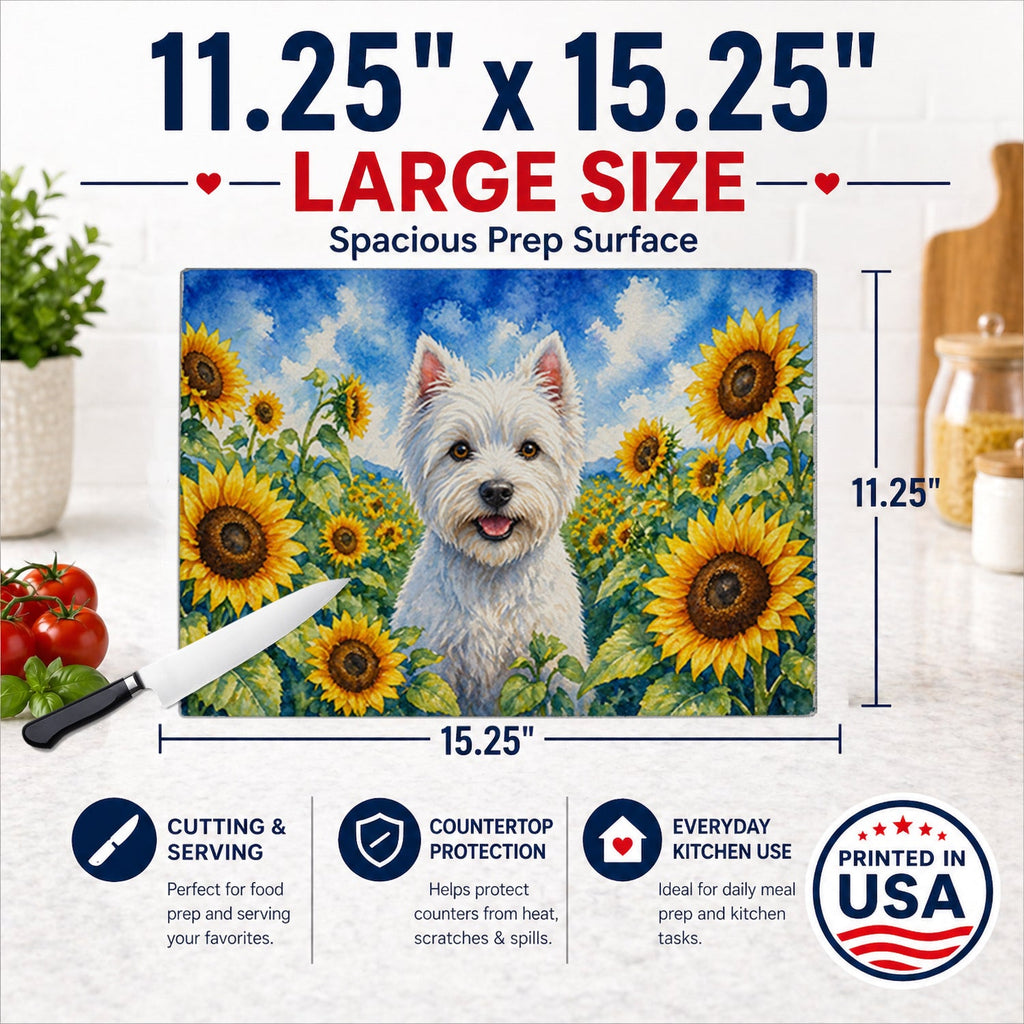 Westie in Sunflowers Cutting Board Tempered Glass Kitchen Cutting Surface, Heat Resistant Chopping Board with Non-Slip Feet, Decorative Food Prep & Serving