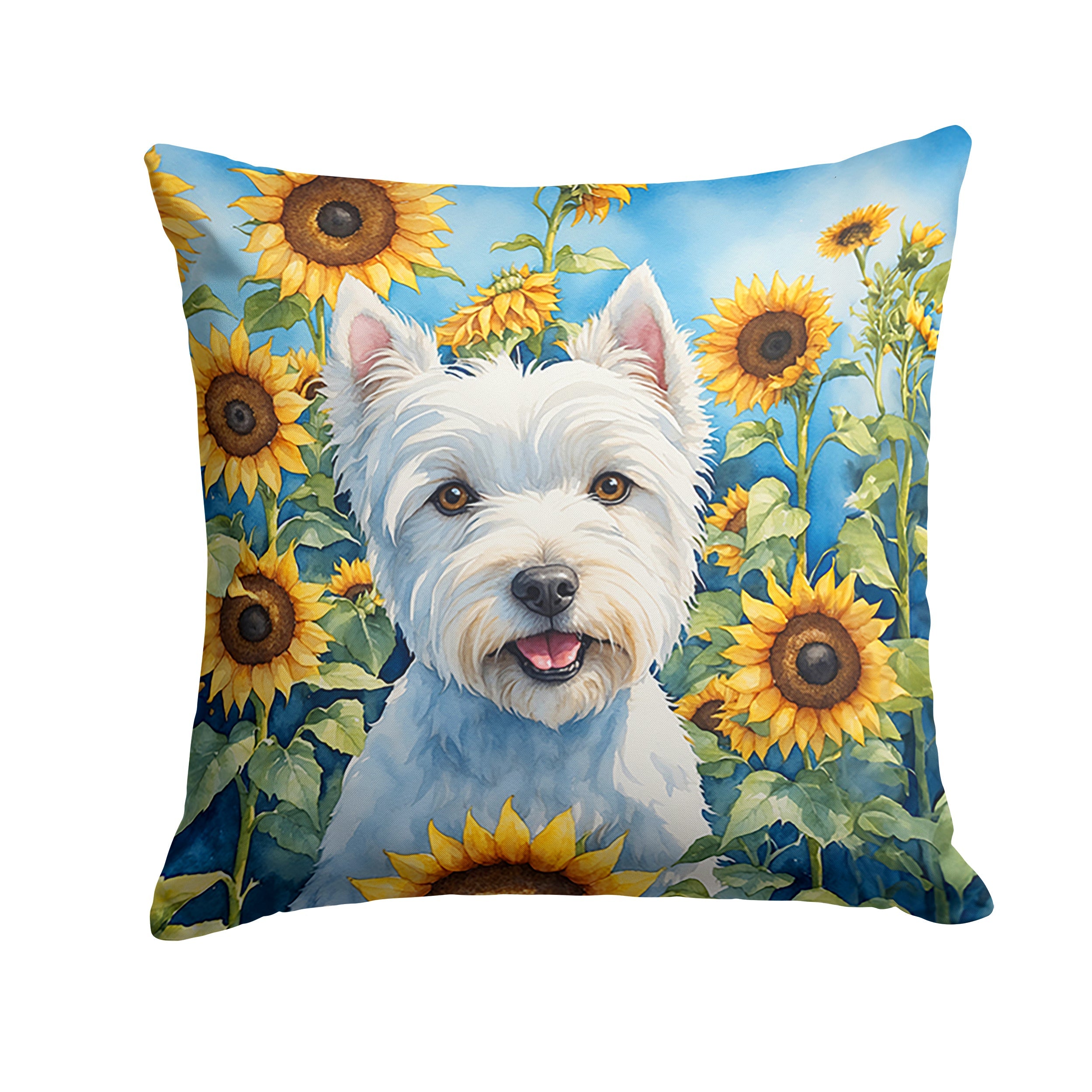 Westie in Sunflowers Decorative Throw Pillow 14x14 Indoor Outdoor Accent Cushion, Fabric Cover with Insert for Sofa, Bed, Porch & Living Room