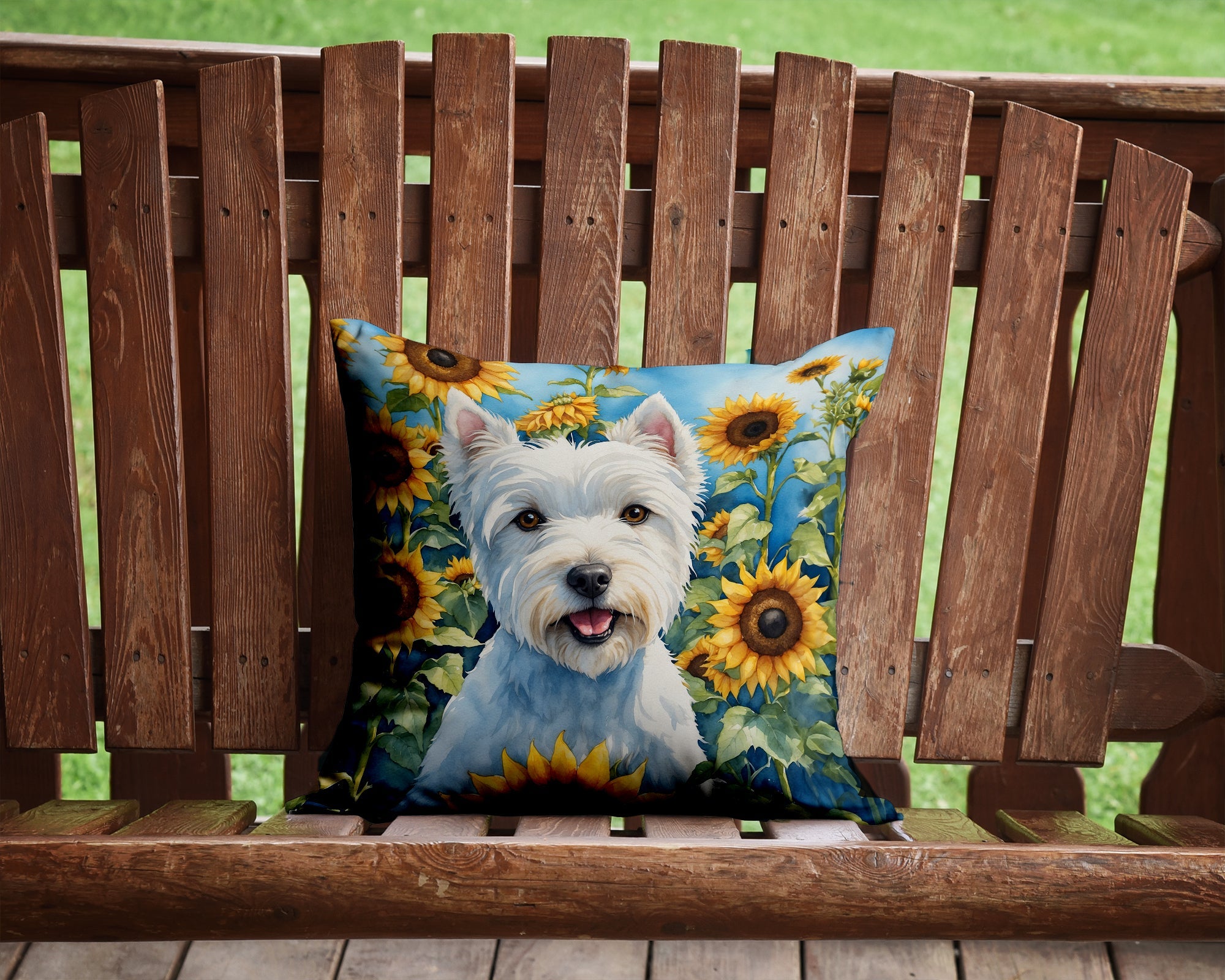 Westie in Sunflowers Decorative Throw Pillow 14x14 Indoor Outdoor Accent Cushion, Fabric Cover with Insert for Sofa, Bed, Porch & Living Room