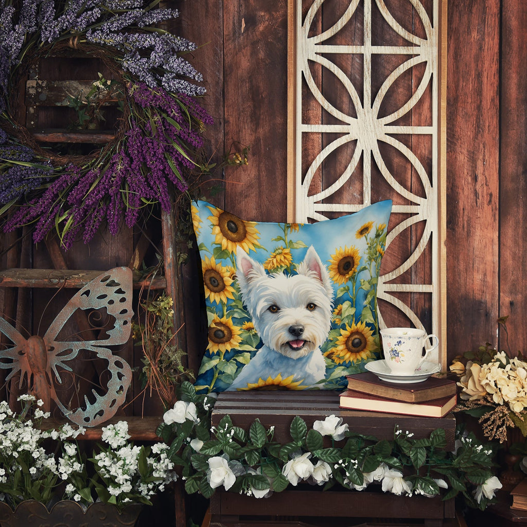 Westie in Sunflowers Decorative Throw Pillow 14x14 Indoor Outdoor Accent Cushion, Fabric Cover with Insert for Sofa, Bed, Porch & Living Room