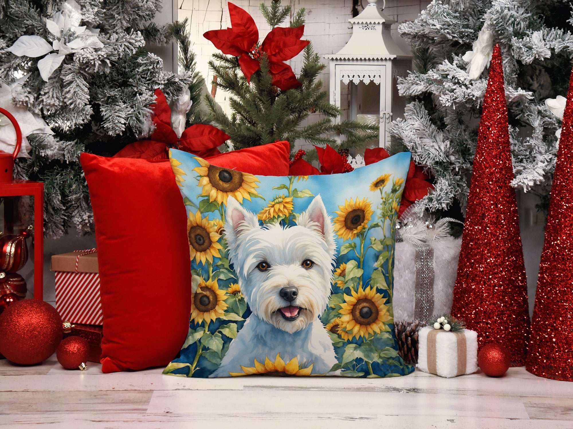 Westie in Sunflowers Decorative Throw Pillow 14x14 Indoor Outdoor Accent Cushion, Fabric Cover with Insert for Sofa, Bed, Porch & Living Room