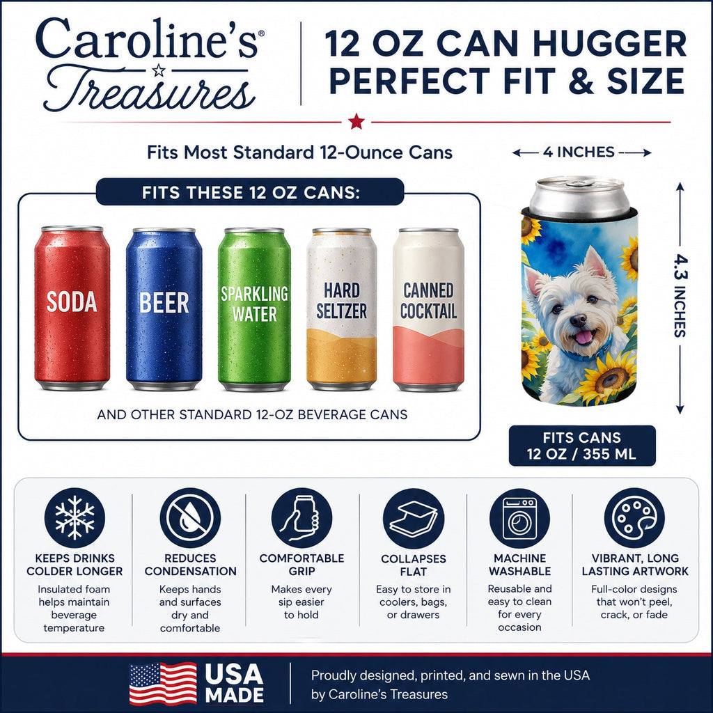 Westie in Sunflowers Can or Bottle Hugger Cooler Sleeve for Standard 12 oz Cans, Insulated Foam Beer & Soda Can Hugger Reusable