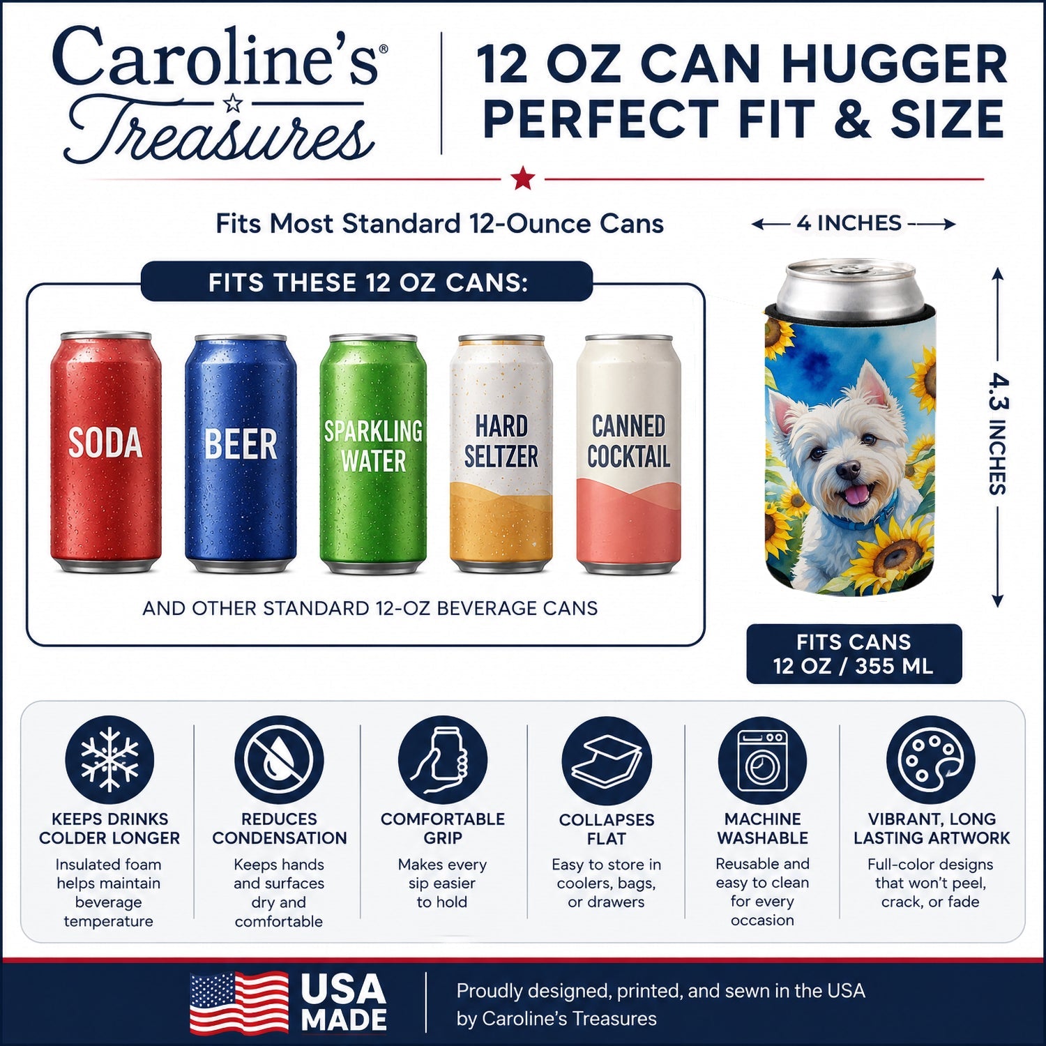 Westie in Sunflowers Can or Bottle Hugger Cooler Sleeve for Standard 12 oz Cans, Insulated Foam Beer & Soda Can Hugger Reusable