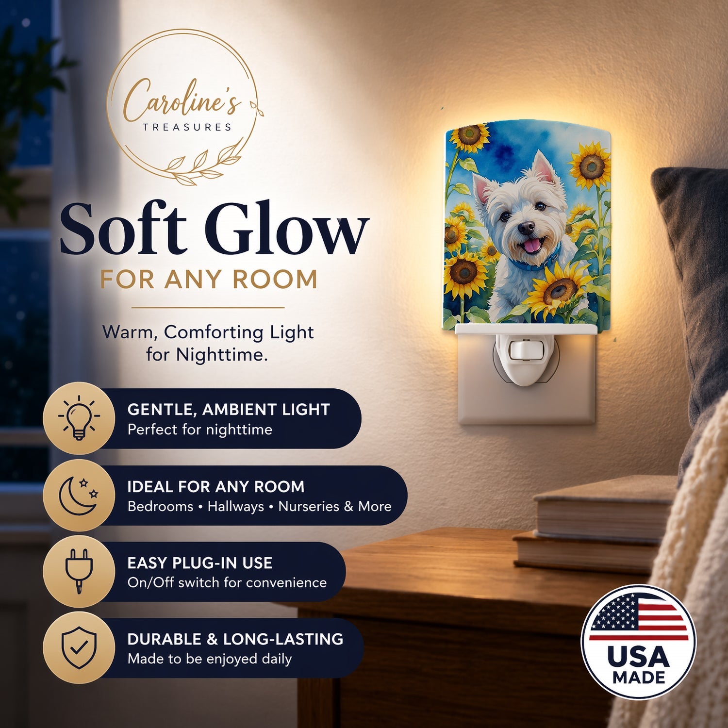 Westie in Sunflowers Ceramic Night Light Compact, UL-Certified, Ideal for Bedroom, Bathroom, Nursery, Hallway, Kitchen, 6x4x3, Multicolor