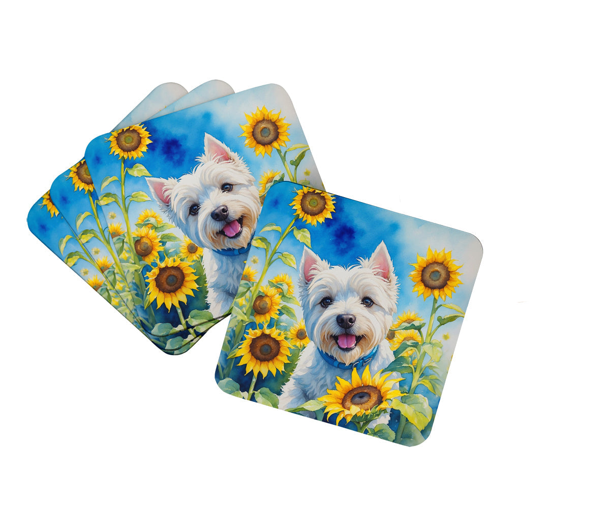 Westie in Sunflowers Foam Coasters Set of 4 Cup Coasters for Indoor Outdoor, Tabletop Protection, Anti Slip, Mouse pad Material
