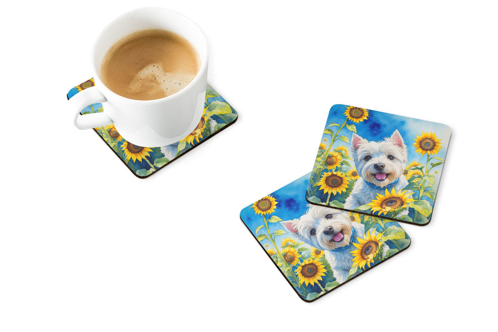 Westie in Sunflowers Foam Coasters Set of 4 Cup Coasters for Indoor Outdoor, Tabletop Protection, Anti Slip, Mouse pad Material