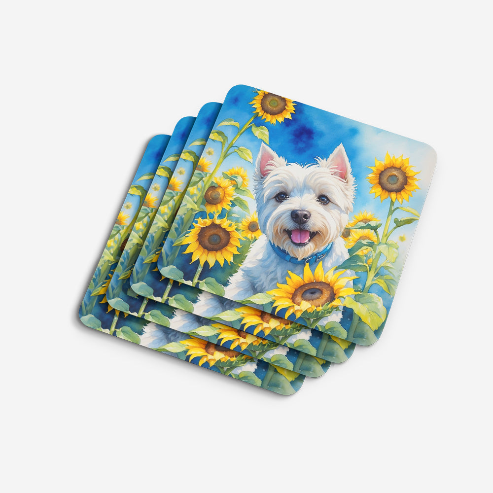 Westie in Sunflowers Foam Coasters Set of 4 Cup Coasters for Indoor Outdoor, Tabletop Protection, Anti Slip, Mouse pad Material