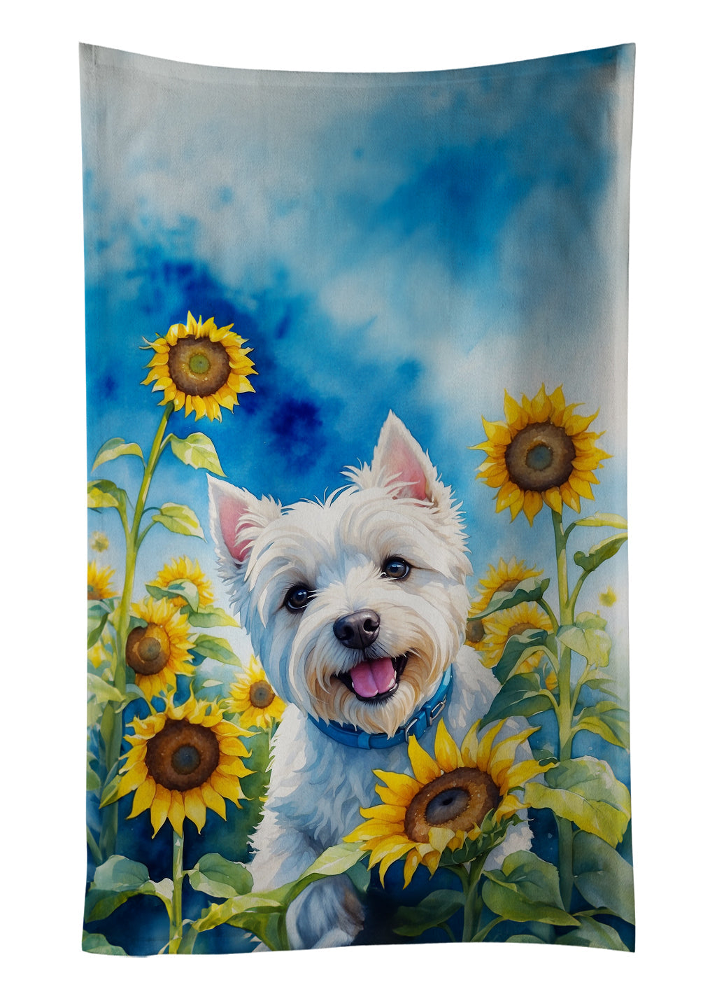 Westie in Sunflowers Kitchen Towel Velour Plush Front and Cotton Loop Back Machine Washable