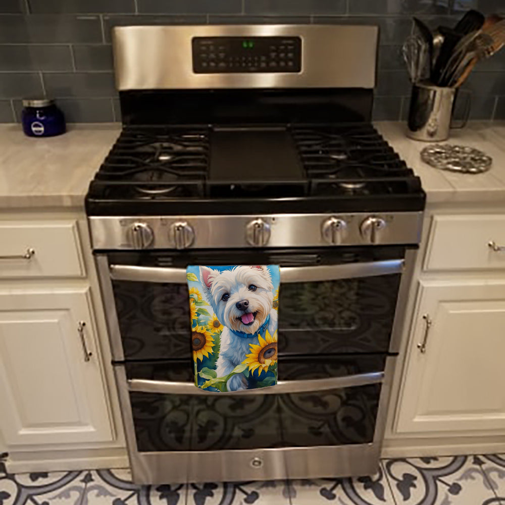 Westie in Sunflowers Kitchen Towel Velour Plush Front and Cotton Loop Back Machine Washable