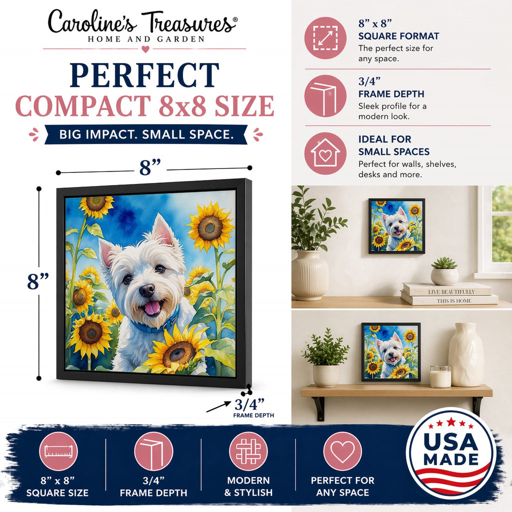 Westie in Sunflowers Framed Metal Print Bathroom, Kitchen, Office, Home Decor Wall Art Ready to Hang, Square, 8X8