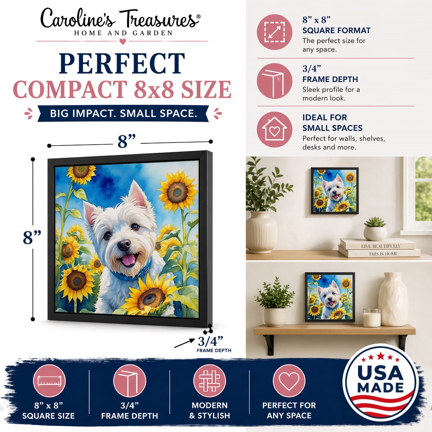 Westie in Sunflowers Framed Metal Print Bathroom, Kitchen, Office, Home Decor Wall Art Ready to Hang, Square, 8X8
