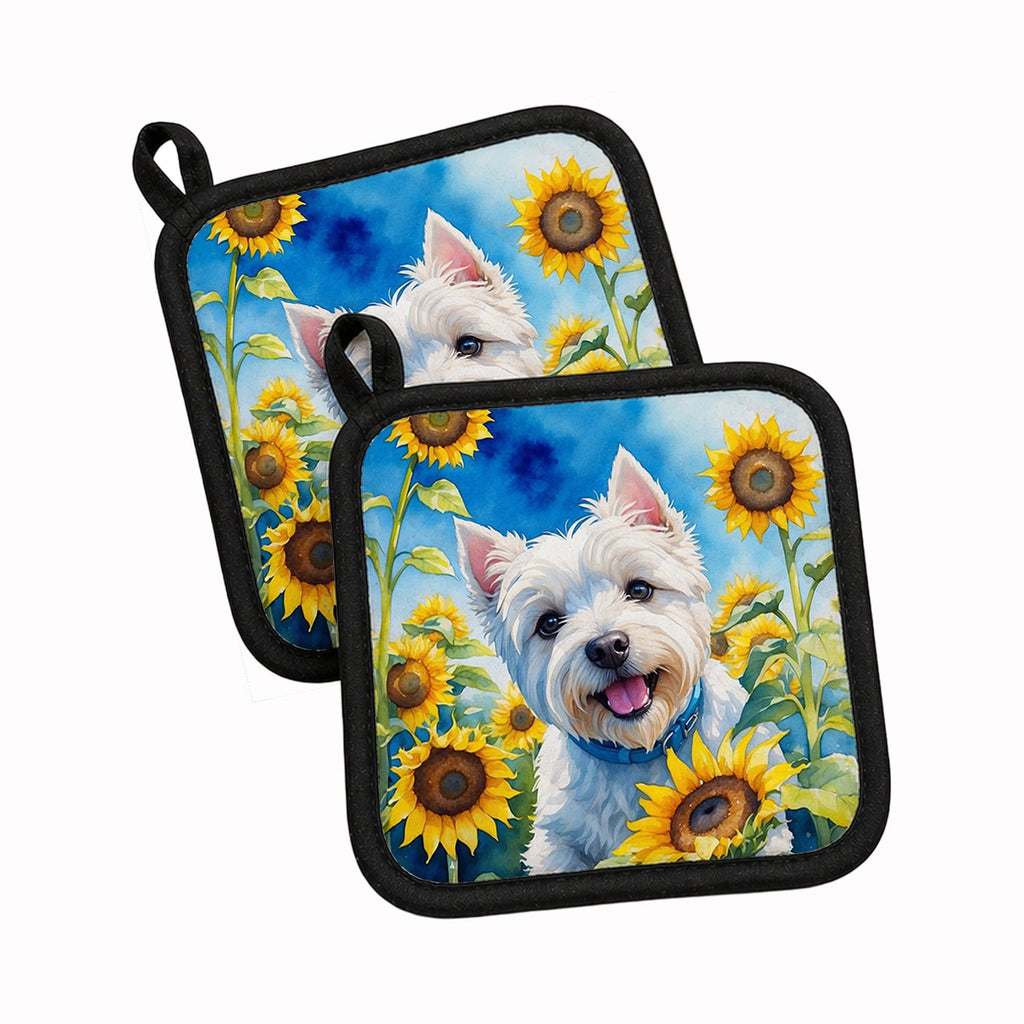 Westie in Sunflowers Pot Holder Set of 2 Heat Resistant Quilted Hot Pads 7.5 x 7.5 Inch, Insulated Kitchen Trivets for Cooking & Baking