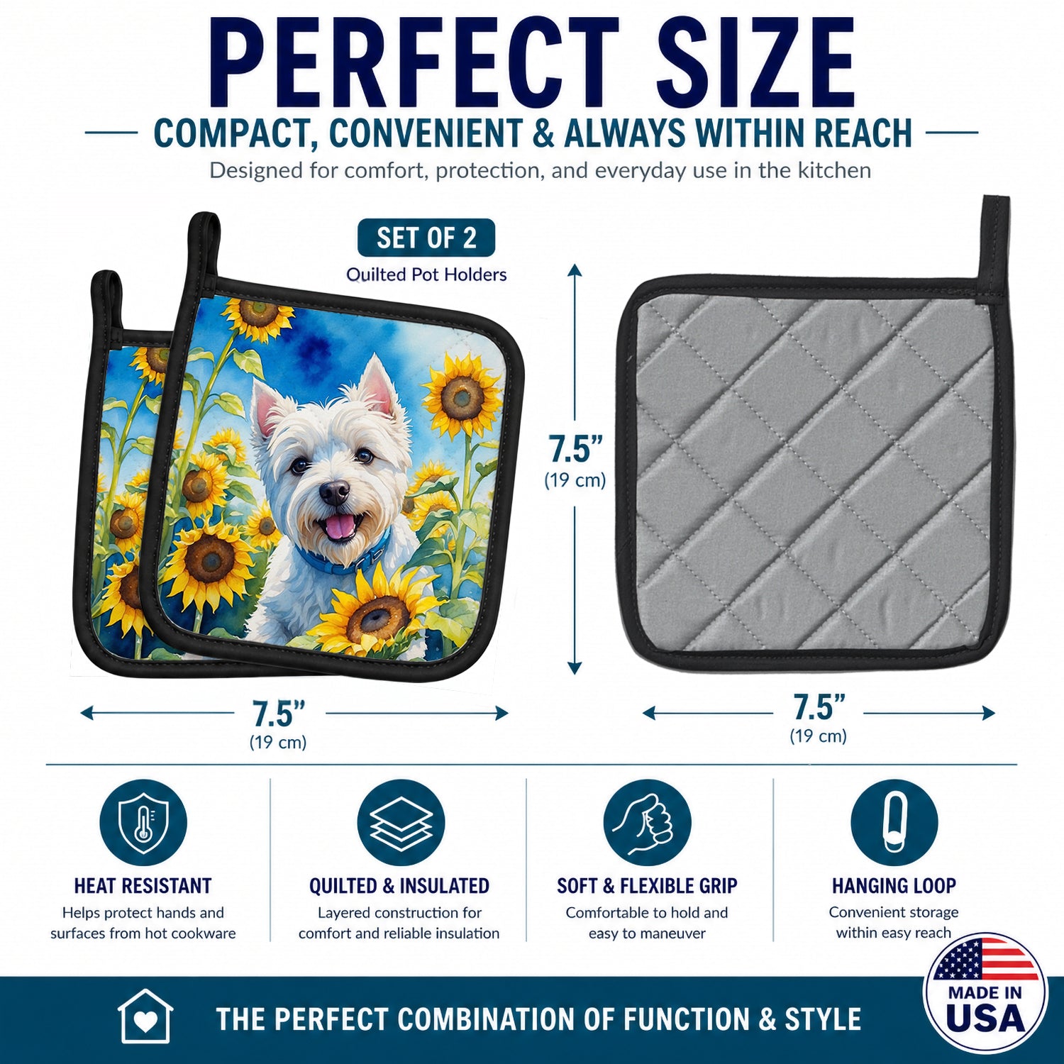 Westie in Sunflowers Pot Holder Set of 2 Heat Resistant Quilted Hot Pads 7.5 x 7.5 Inch, Insulated Kitchen Trivets for Cooking & Baking