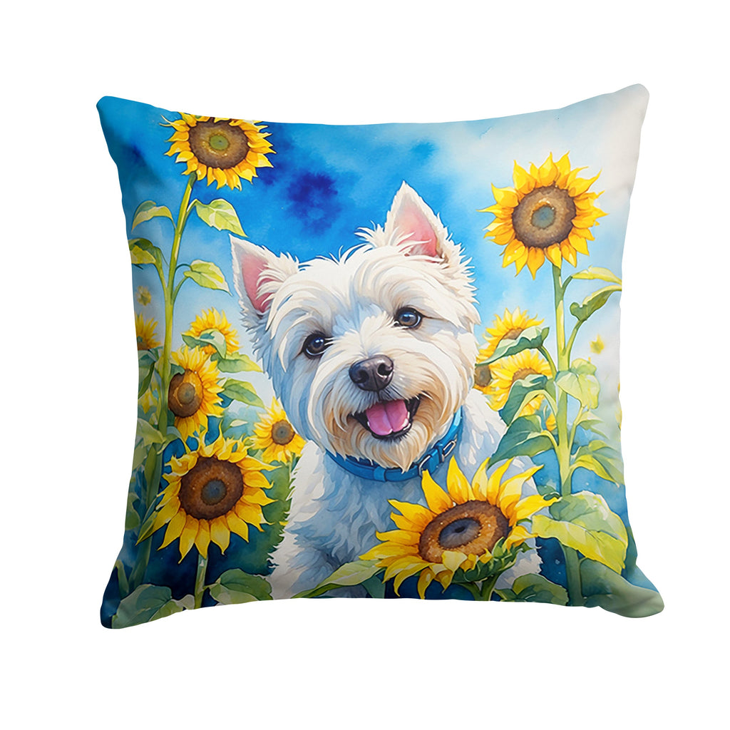 Westie in Sunflowers Decorative Throw Pillow 14x14 Indoor Outdoor Accent Cushion, Fabric Cover with Insert for Sofa, Bed, Porch & Living Room
