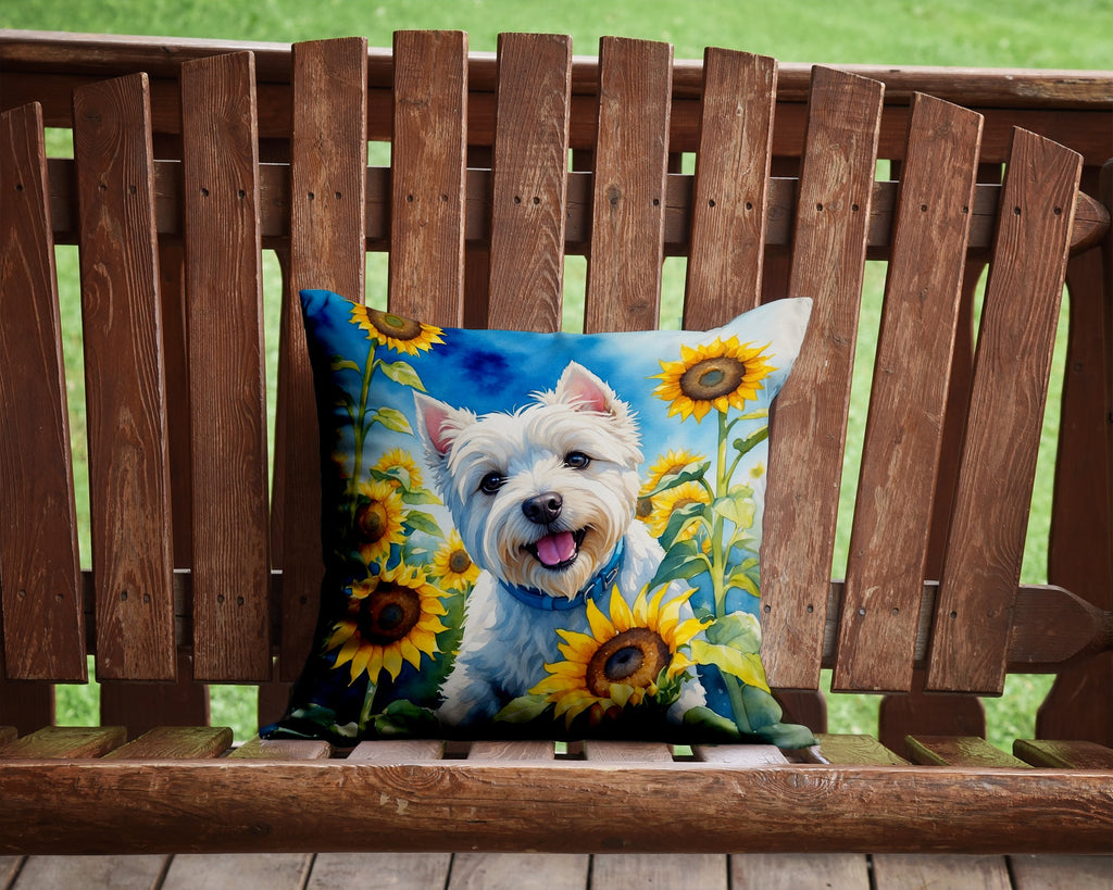 Westie in Sunflowers Decorative Throw Pillow 14x14 Indoor Outdoor Accent Cushion, Fabric Cover with Insert for Sofa, Bed, Porch & Living Room
