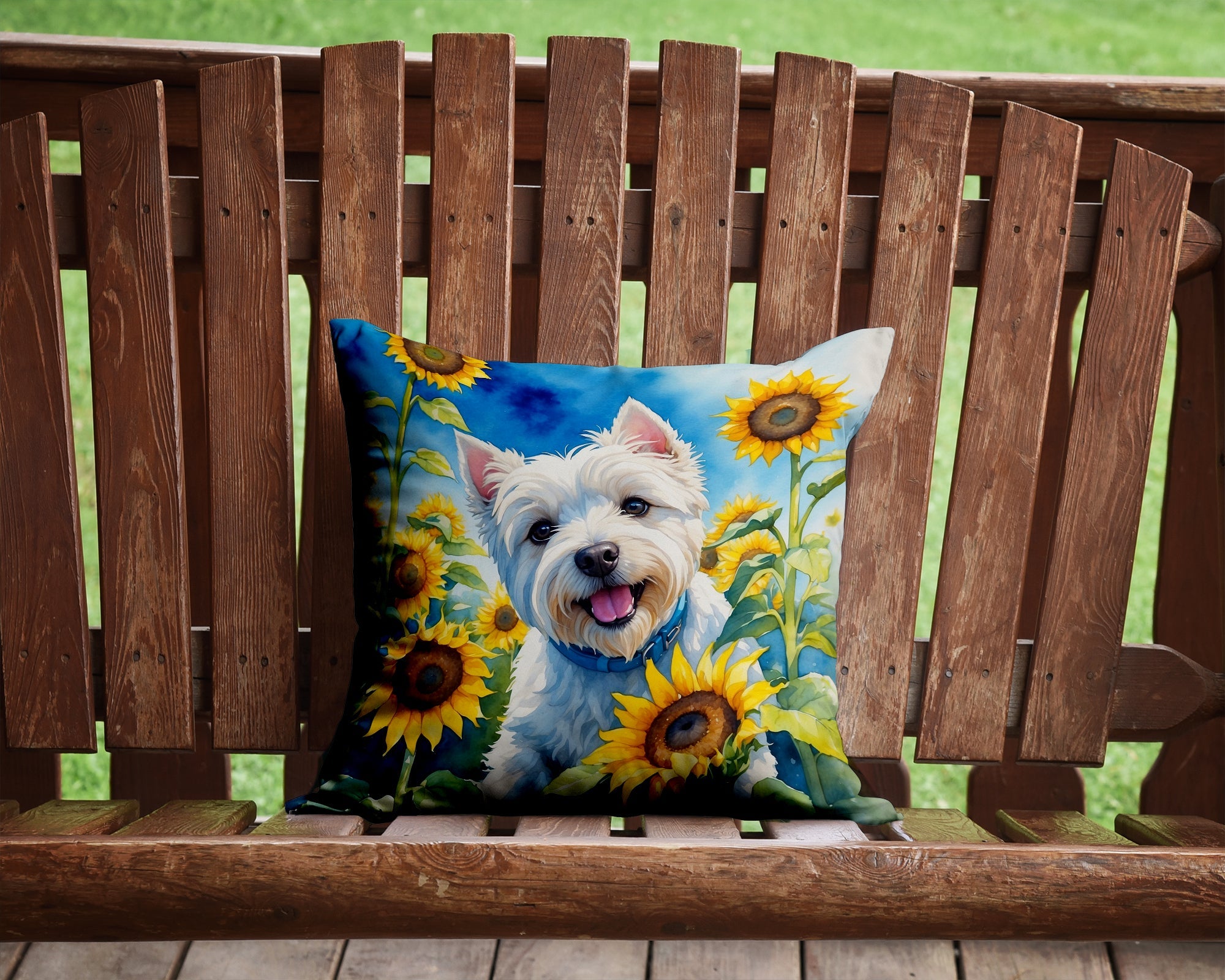 Westie in Sunflowers Decorative Throw Pillow 14x14 Indoor Outdoor Accent Cushion, Fabric Cover with Insert for Sofa, Bed, Porch & Living Room