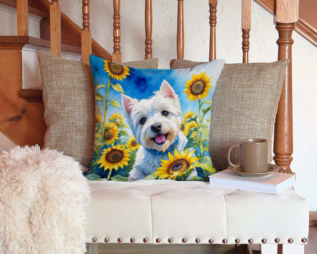 Westie in Sunflowers Decorative Throw Pillow 14x14 Indoor Outdoor Accent Cushion, Fabric Cover with Insert for Sofa, Bed, Porch & Living Room