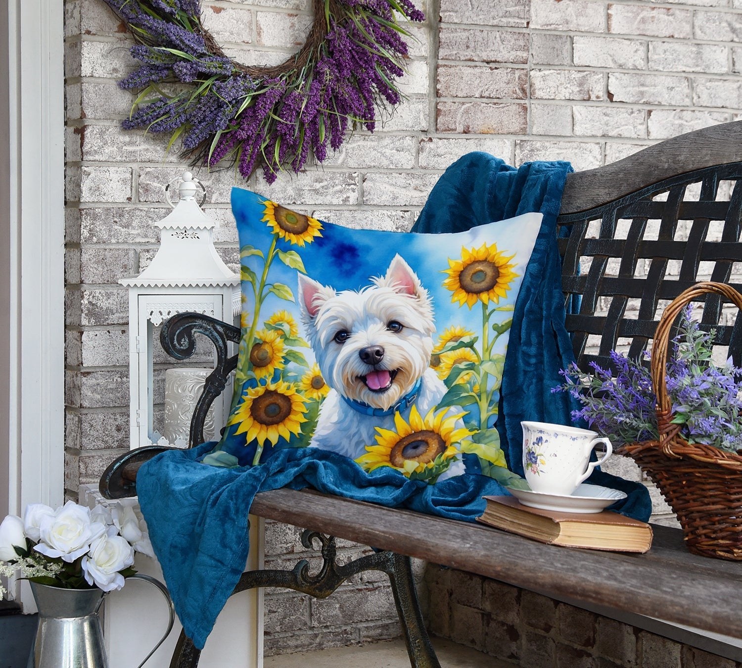 Westie in Sunflowers Decorative Throw Pillow 18x18 Indoor Outdoor Accent Cushion, Fabric Cover with Insert for Sofa, Bed, Porch & Living Room