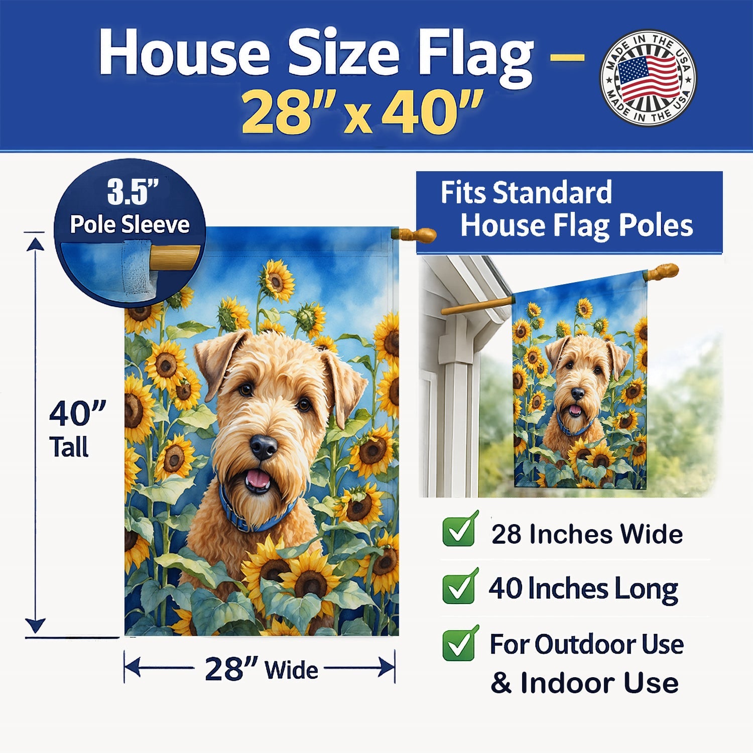 Wheaten Terrier in Sunflowers House Flag 28x40 Porch Sleeve Pole Decorative Outside Yard Banner Artwork Wall Hanging, Polyester