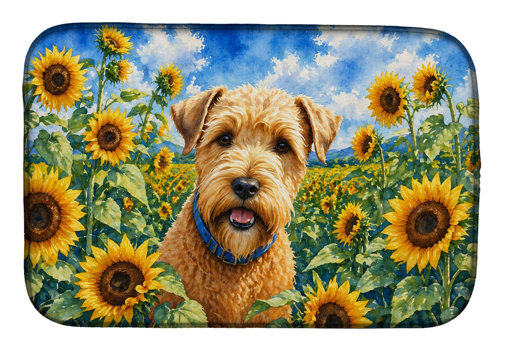 Wheaten Terrier in Sunflowers Dish Drying Mat Absorbent Dish Drying Mat Pad for Kitchen Counter Dish Drainer Mat for Countertop, 14 x 21", Multicolor