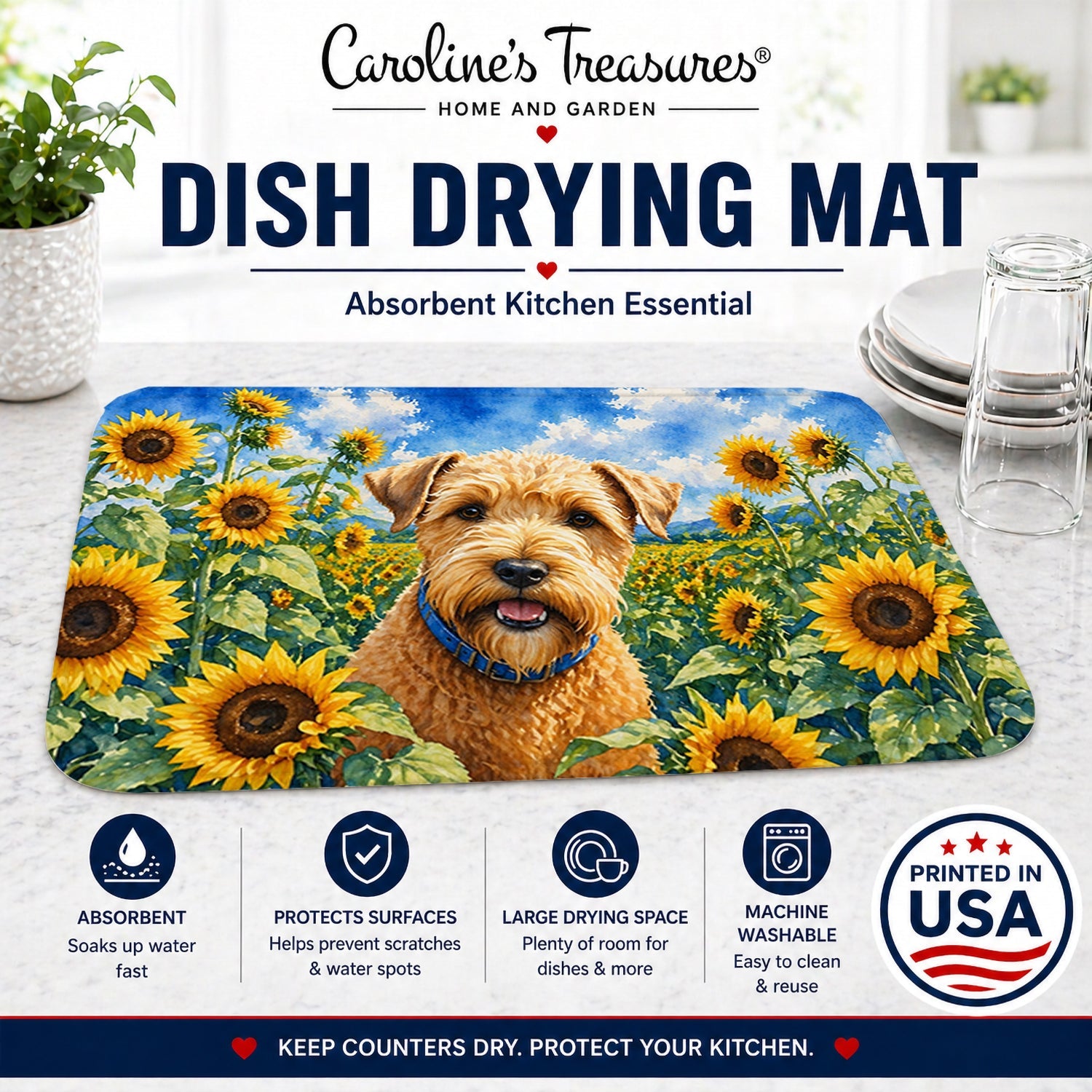 Wheaten Terrier in Sunflowers Dish Drying Mat Absorbent Dish Drying Mat Pad for Kitchen Counter Dish Drainer Mat for Countertop, 14 x 21", Multicolor