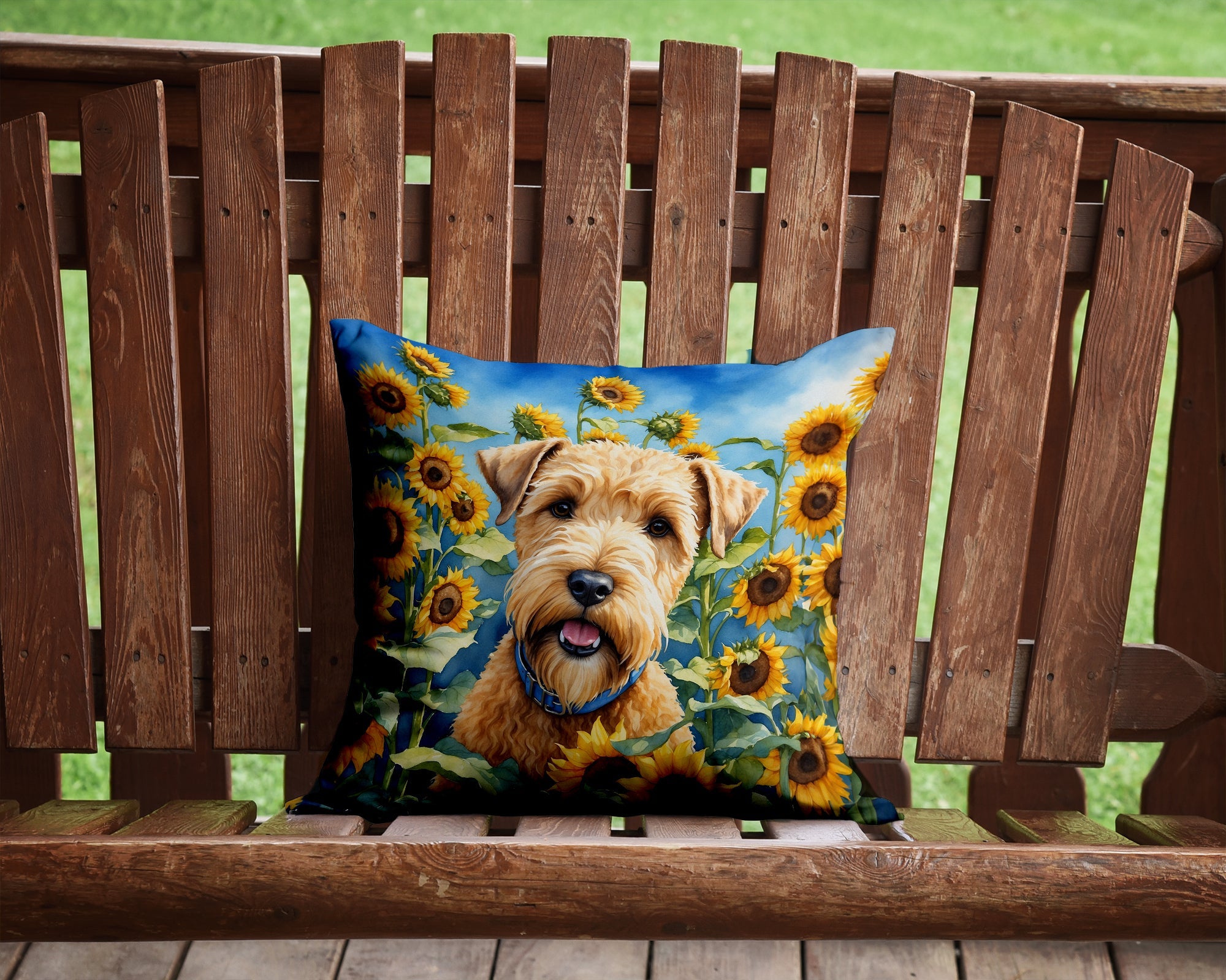Wheaten Terrier in Sunflowers Decorative Throw Pillow 14x14 Indoor Outdoor Accent Cushion, Fabric Cover with Insert for Sofa, Bed, Porch & Living Room