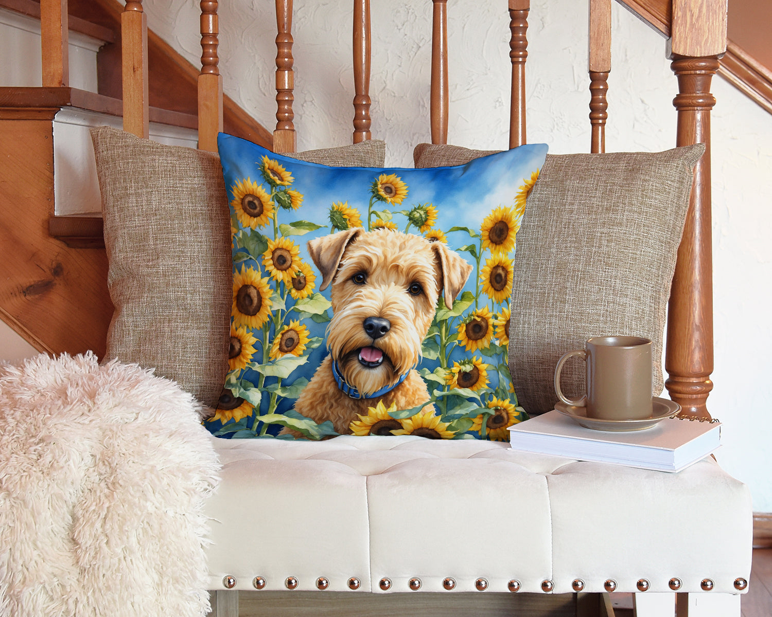 Wheaten Terrier in Sunflowers Decorative Throw Pillow 14x14 Indoor Outdoor Accent Cushion, Fabric Cover with Insert for Sofa, Bed, Porch & Living Room