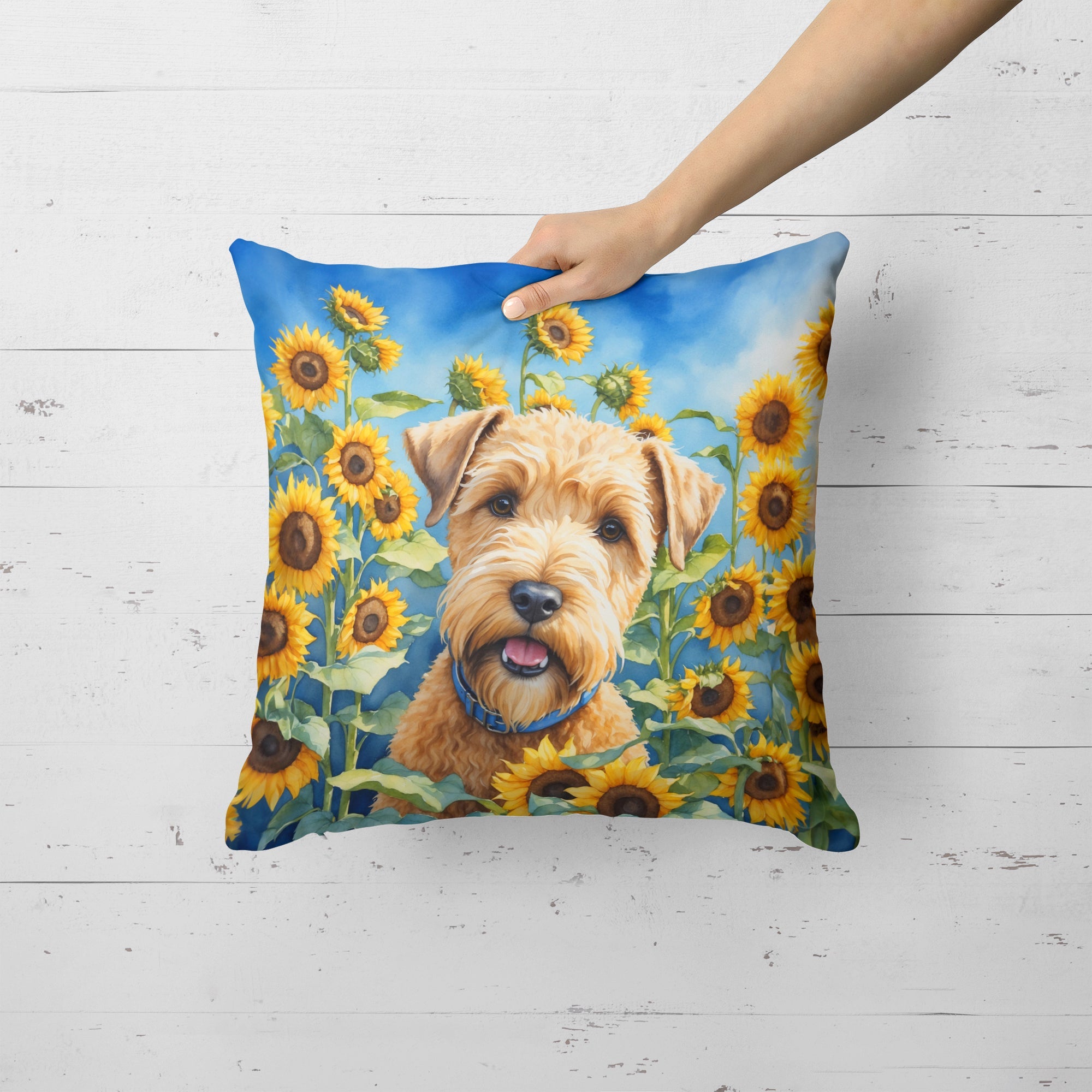 Wheaten Terrier in Sunflowers Decorative Throw Pillow 18x18 Indoor Outdoor Accent Cushion, Fabric Cover with Insert for Sofa, Bed, Porch & Living Room
