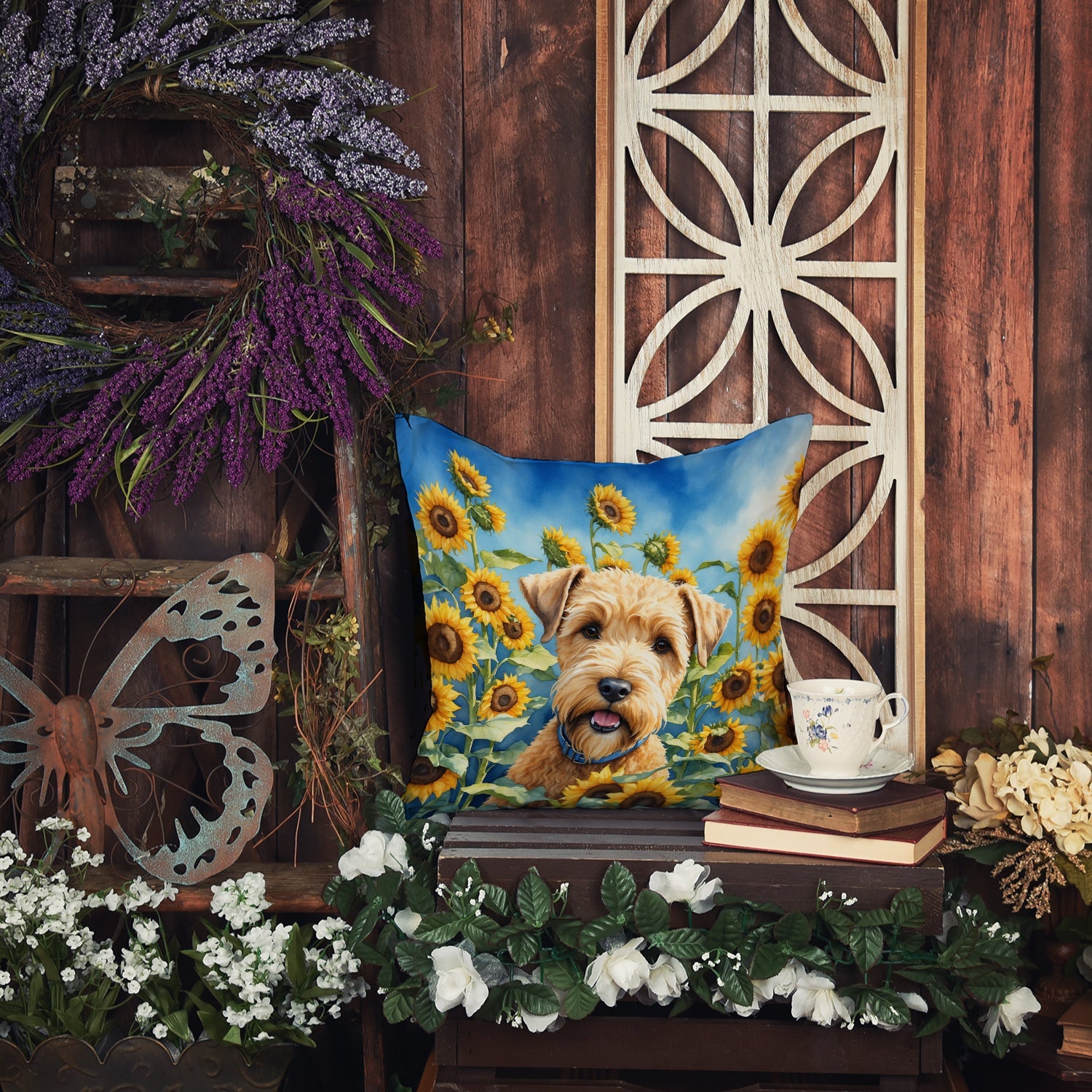 Wheaten Terrier in Sunflowers Decorative Throw Pillow 18x18 Indoor Outdoor Accent Cushion, Fabric Cover with Insert for Sofa, Bed, Porch & Living Room