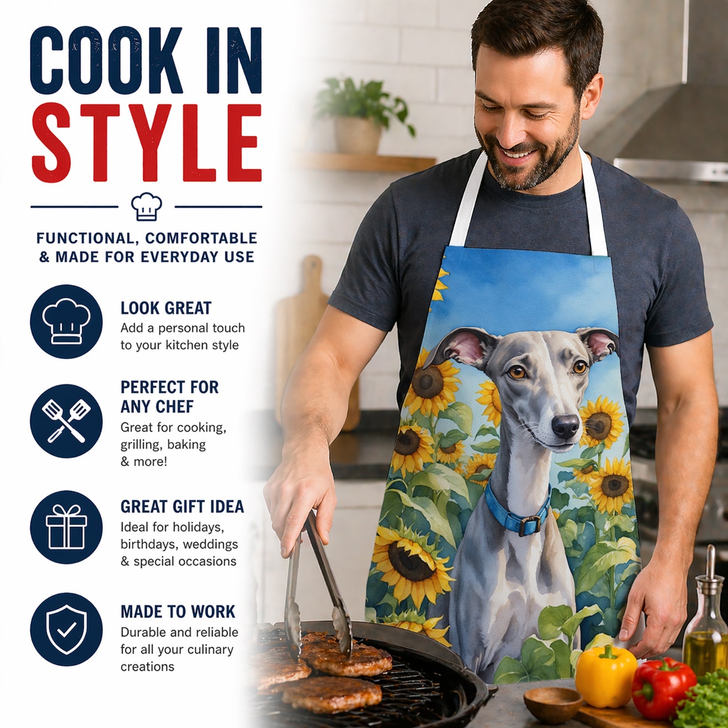 Whippet in Sunflowers Apron Cooking Kitchen Server Baking Crafts Gardening for Adult Women Men, Unisex, Large, Multicolor