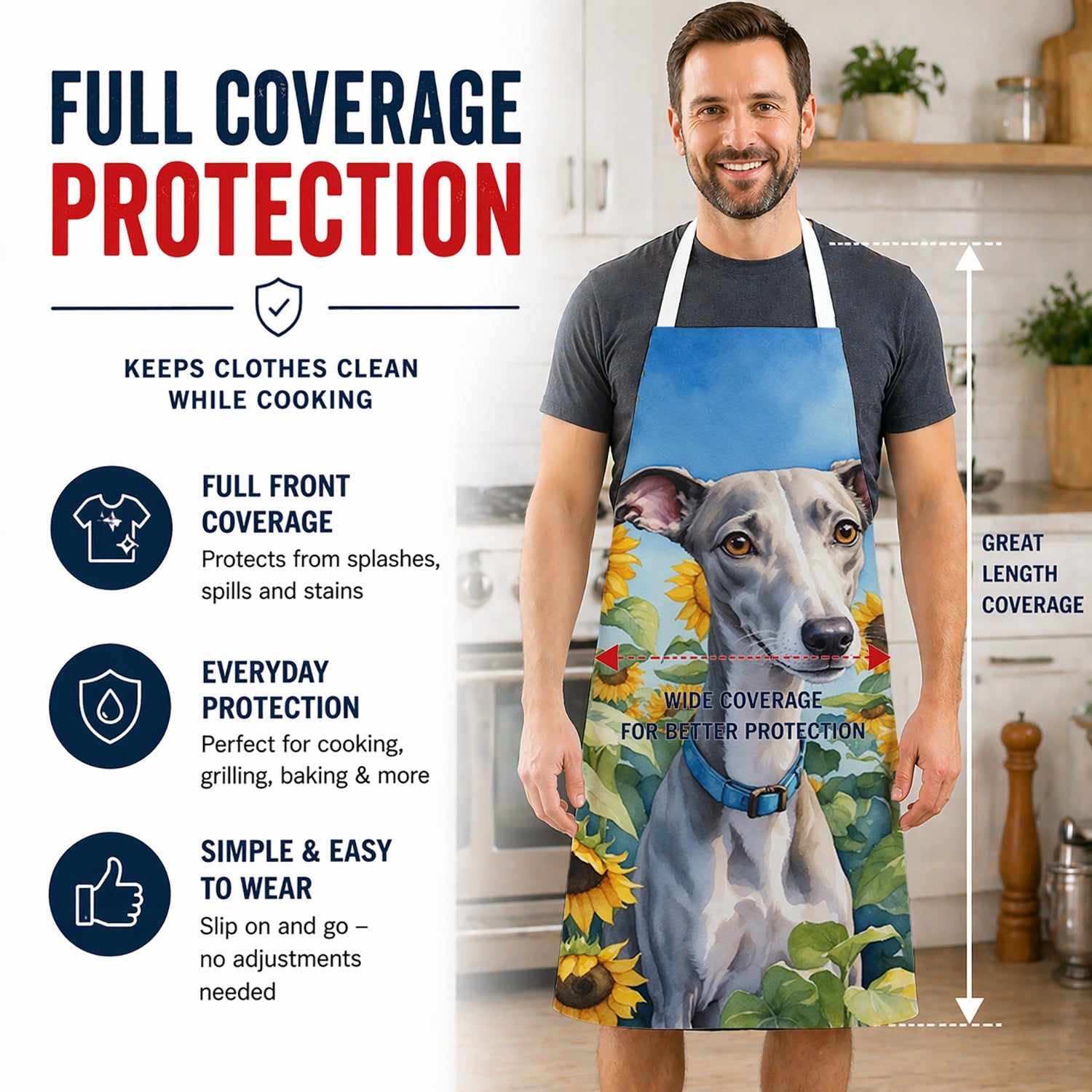 Whippet in Sunflowers Apron Cooking Kitchen Server Baking Crafts Gardening for Adult Women Men, Unisex, Large, Multicolor