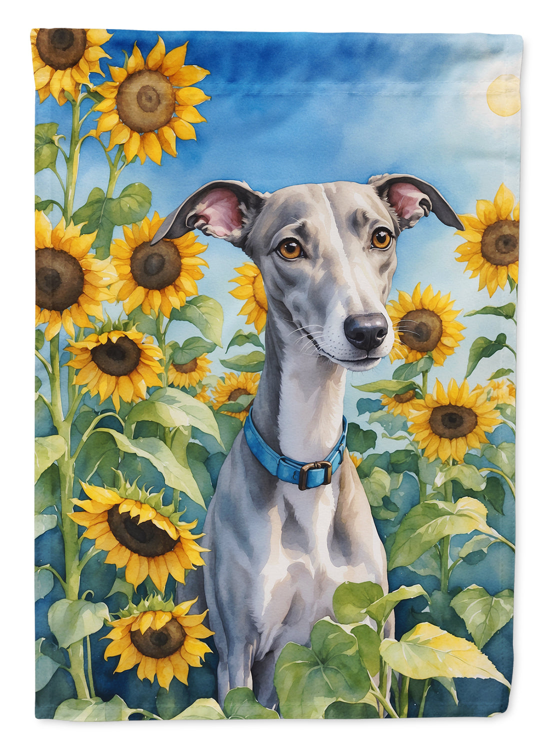 Whippet in Sunflowers House Flag 28x40 Porch Sleeve Pole Decorative Outside Yard Banner Artwork Wall Hanging, Polyester