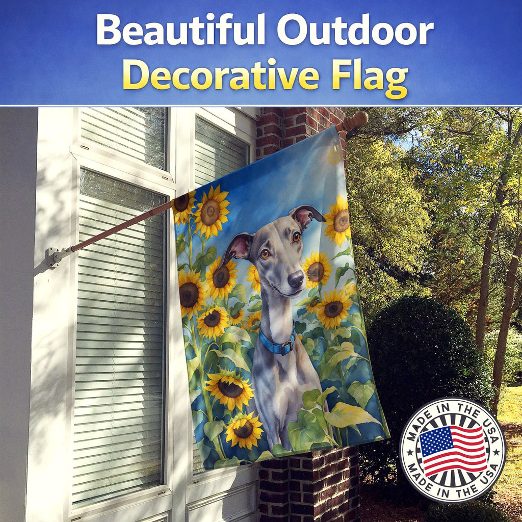 Whippet in Sunflowers House Flag 28x40 Porch Sleeve Pole Decorative Outside Yard Banner Artwork Wall Hanging, Polyester