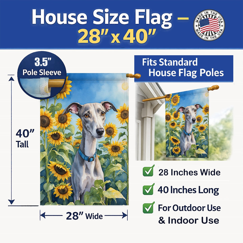Whippet in Sunflowers House Flag 28x40 Porch Sleeve Pole Decorative Outside Yard Banner Artwork Wall Hanging, Polyester