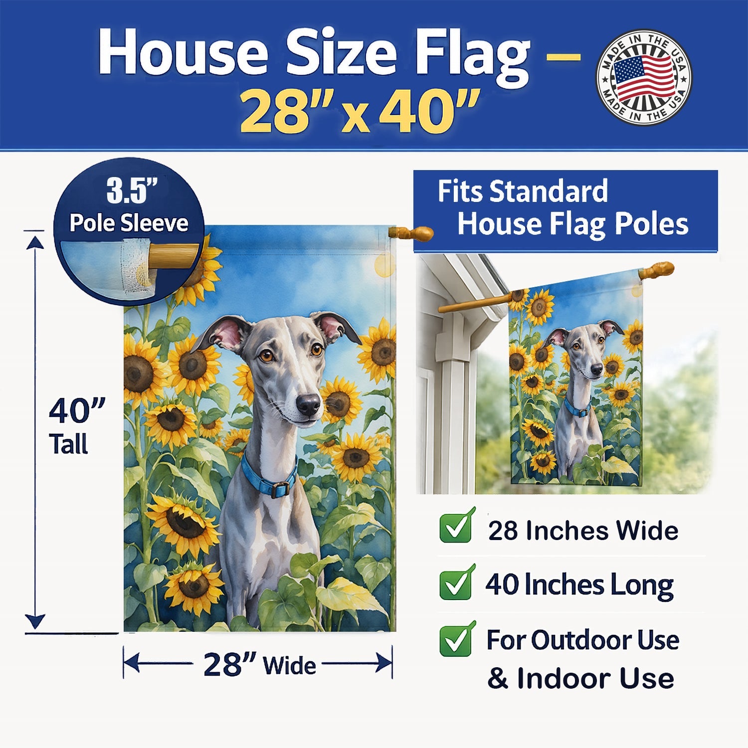 Whippet in Sunflowers House Flag 28x40 Porch Sleeve Pole Decorative Outside Yard Banner Artwork Wall Hanging, Polyester