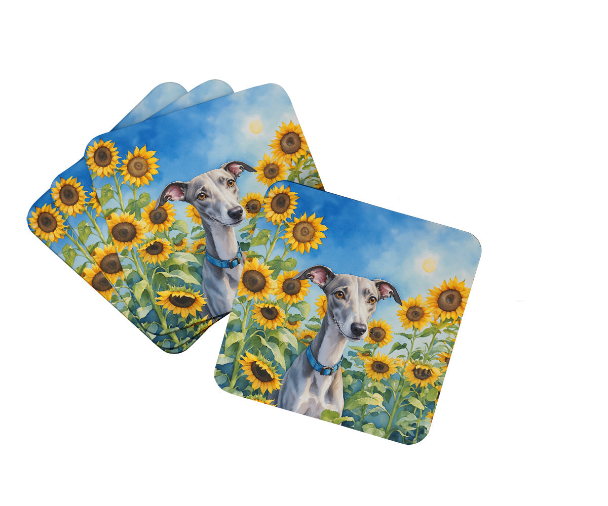 Whippet in Sunflowers Foam Coasters Set of 4 Cup Coasters for Indoor Outdoor, Tabletop Protection, Anti Slip, Mouse pad Material