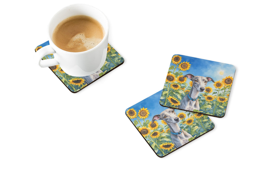 Whippet in Sunflowers Foam Coasters Set of 4 Cup Coasters for Indoor Outdoor, Tabletop Protection, Anti Slip, Mouse pad Material