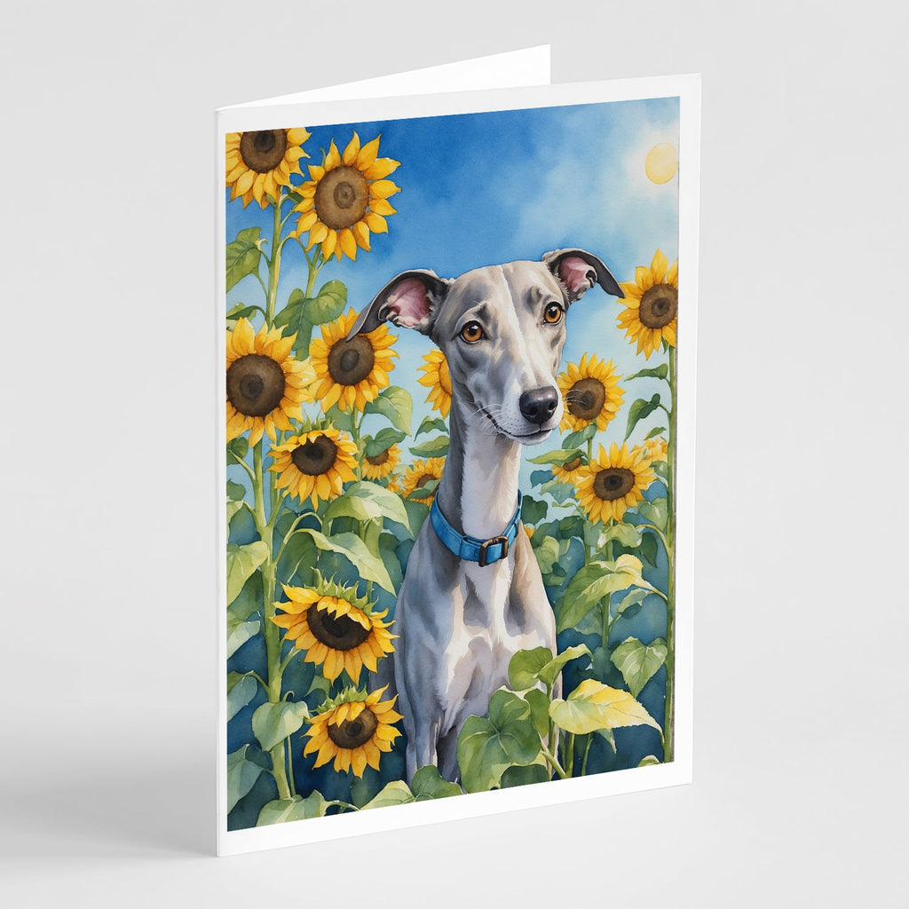 Whippet in Sunflowers Greeting Cards Pack of 8 Blank Cards with Envelopes Whimsical A7 Size 5x7
