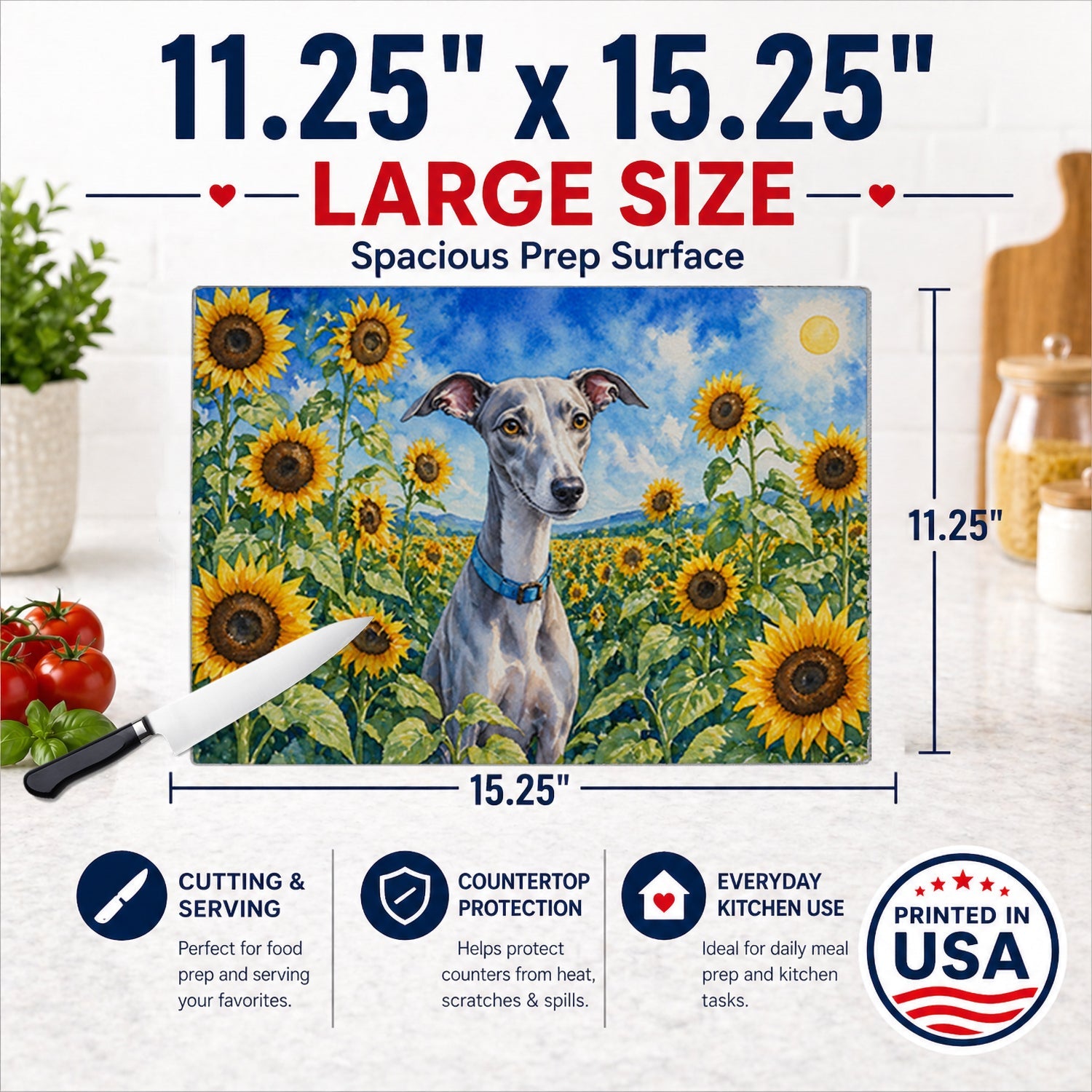 Whippet in Sunflowers Cutting Board Tempered Glass Kitchen Cutting Surface, Heat Resistant Chopping Board with Non-Slip Feet, Decorative Food Prep & Serving