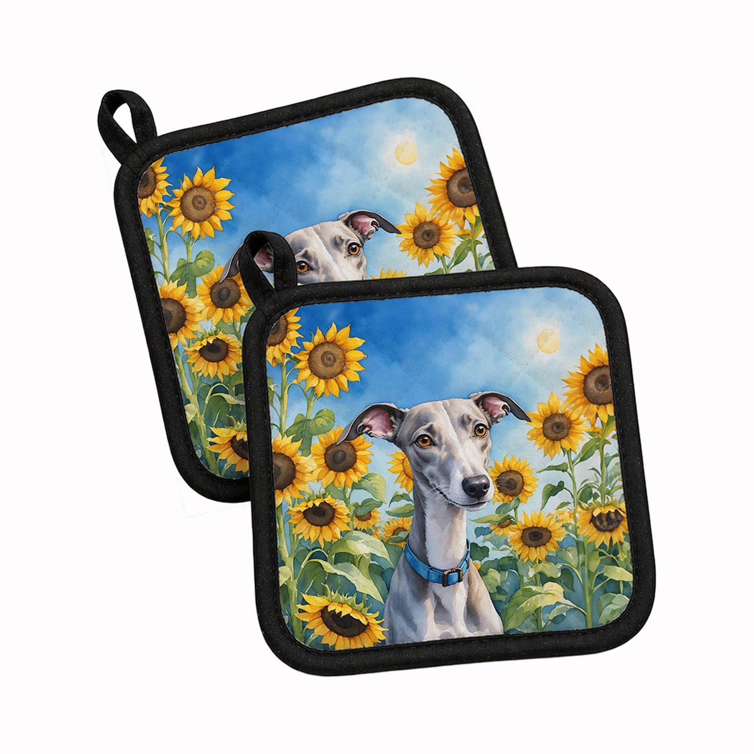 Whippet in Sunflowers Pot Holder Set of 2 Heat Resistant Quilted Hot Pads 7.5 x 7.5 Inch, Insulated Kitchen Trivets for Cooking & Baking