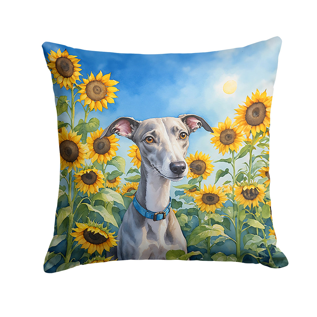 Whippet in Sunflowers Decorative Throw Pillow 14x14 Indoor Outdoor Accent Cushion, Fabric Cover with Insert for Sofa, Bed, Porch & Living Room