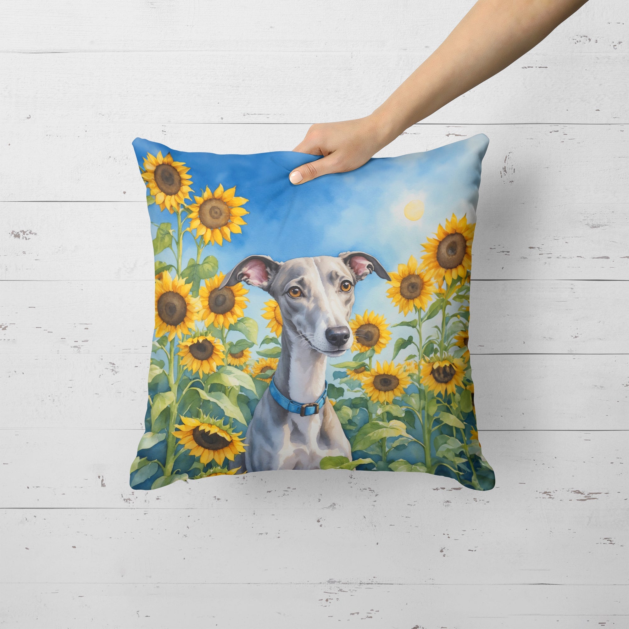 Whippet in Sunflowers Decorative Throw Pillow 18x18 Indoor Outdoor Accent Cushion, Fabric Cover with Insert for Sofa, Bed, Porch & Living Room