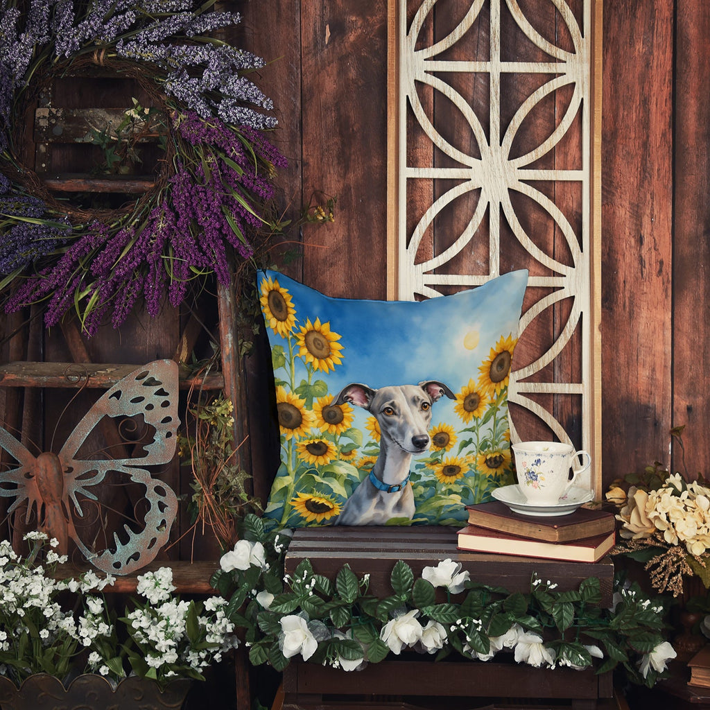Whippet in Sunflowers Decorative Throw Pillow 18x18 Indoor Outdoor Accent Cushion, Fabric Cover with Insert for Sofa, Bed, Porch & Living Room