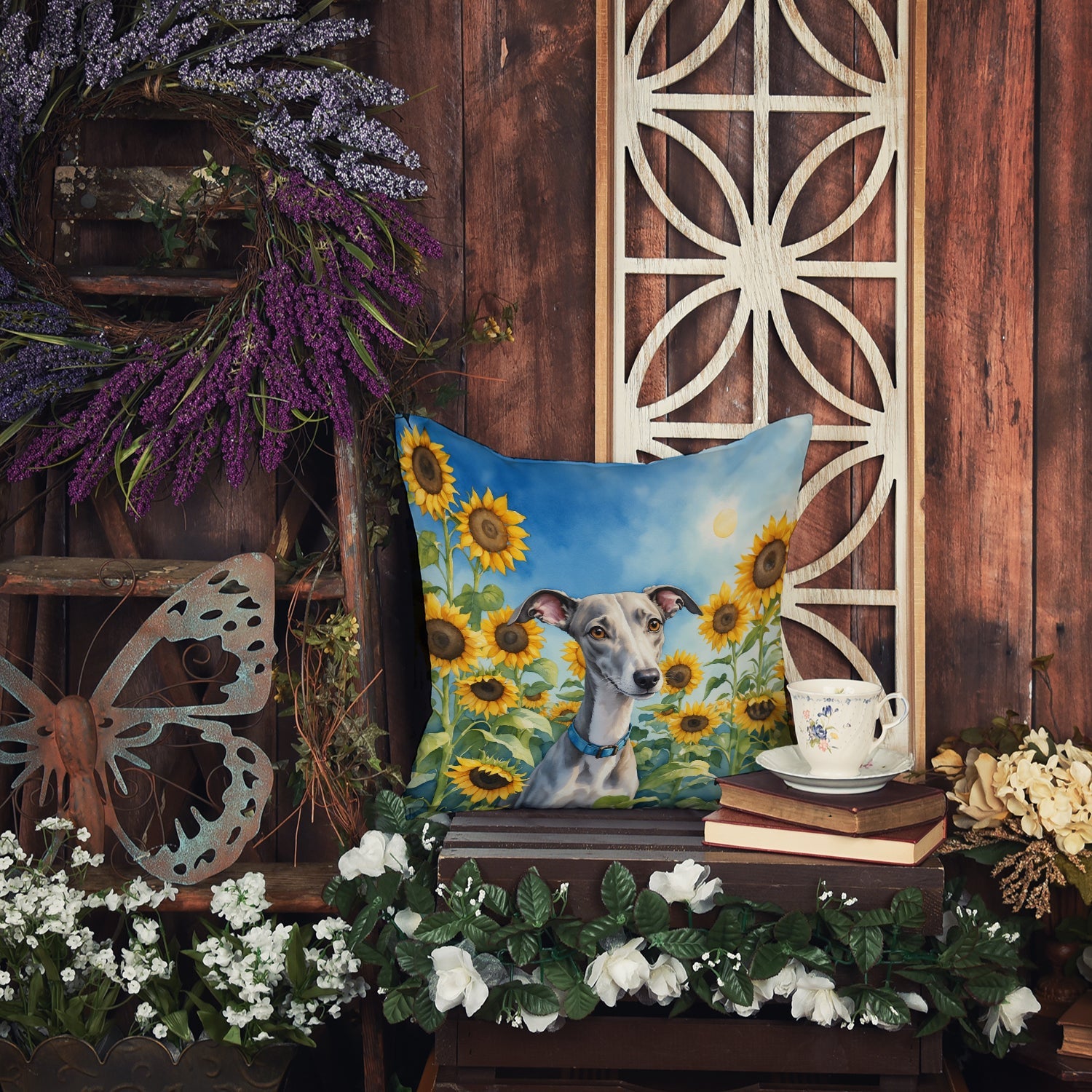 Whippet in Sunflowers Decorative Throw Pillow 18x18 Indoor Outdoor Accent Cushion, Fabric Cover with Insert for Sofa, Bed, Porch & Living Room