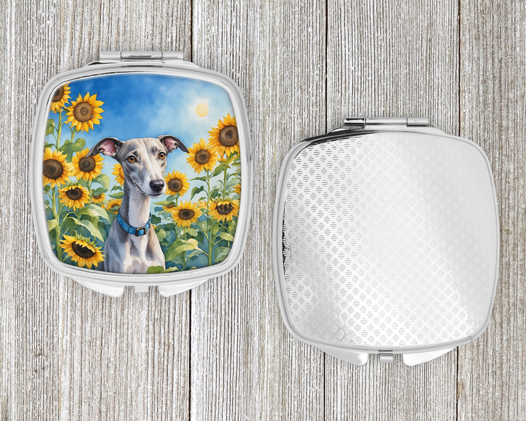 Whippet in Sunflowers Compact Mirror Decorative Travel Makeup Mirror for Women Girls Gifts Pocket Makeup Mirror Folding Handheld