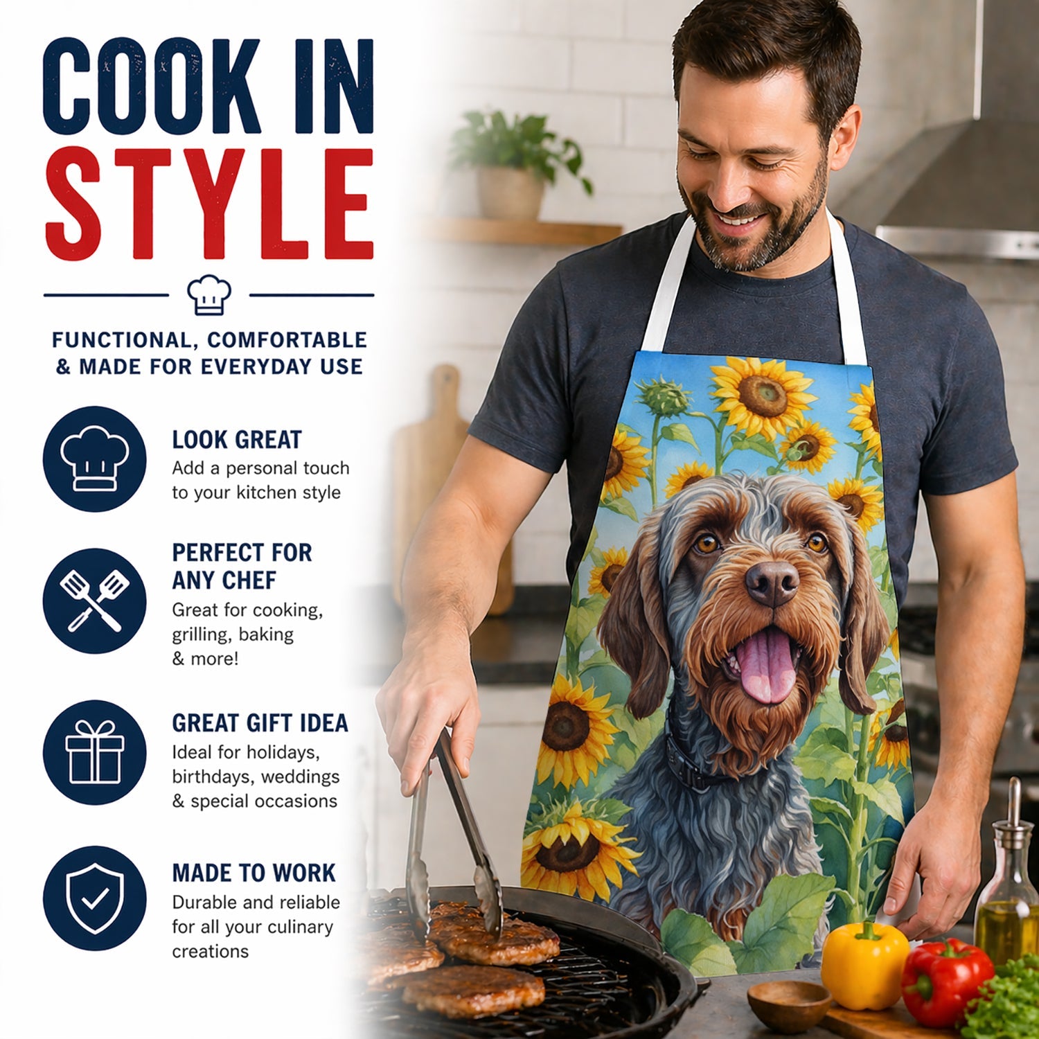 Wirehaired Pointing Griffon in Sunflowers Apron Cooking Kitchen Server Baking Crafts Gardening for Adult Women Men, Unisex, Large, Multicolor