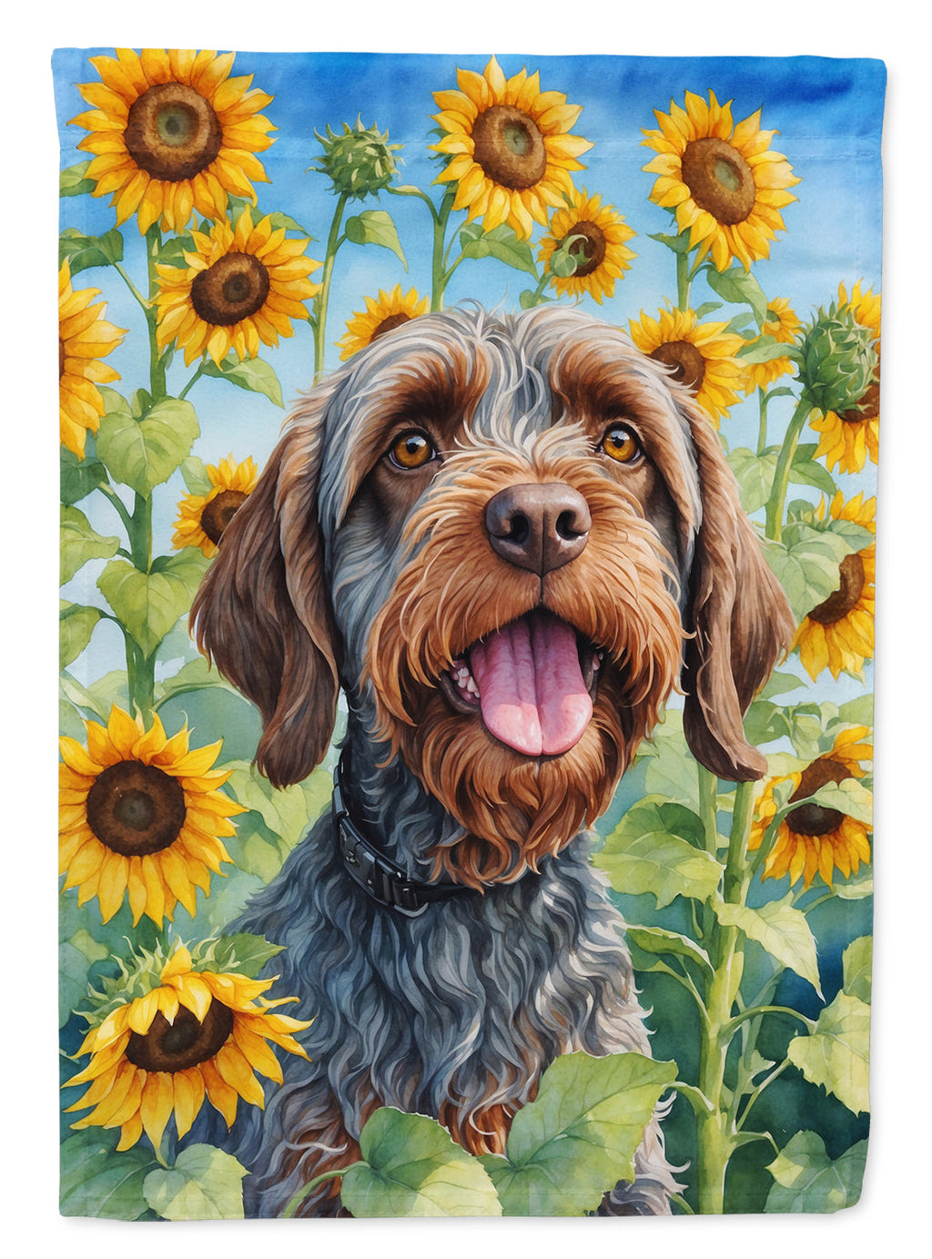Wirehaired Pointing Griffon in Sunflowers House Flag 28x40 Porch Sleeve Pole Decorative Outside Yard Banner Artwork Wall Hanging, Polyester
