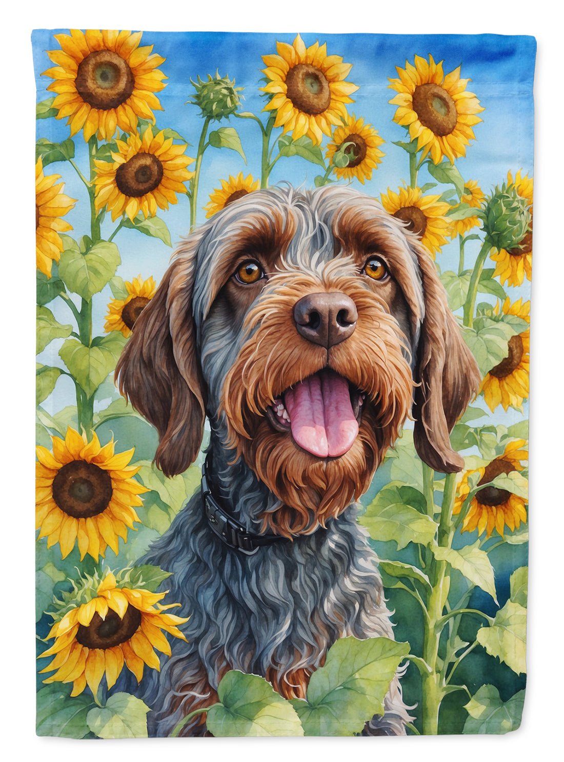 Wirehaired Pointing Griffon in Sunflowers House Flag 28x40 Porch Sleeve Pole Decorative Outside Yard Banner Artwork Wall Hanging, Polyester